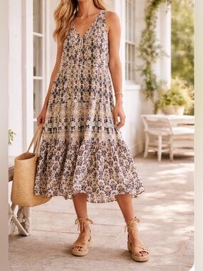 Anthropologie RO’S GARDEN Dress Sz L Sofia Sleeveless Coastal Grandmother Boho